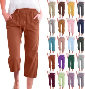 Linen Capris Pants Women High Waist Drawstring Comfy Casual Lightweight Wide Leg Cropped Trousers 2025 Beach Vacation Outfits
