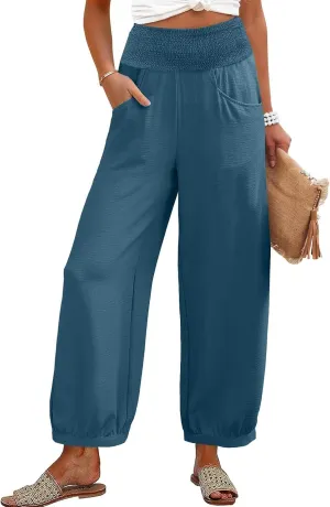 Linen Dress Pants Women Summer High Waisted Loose Fit Pants for Work Flowy Casual Harem Palazzo Trousers with Pockets