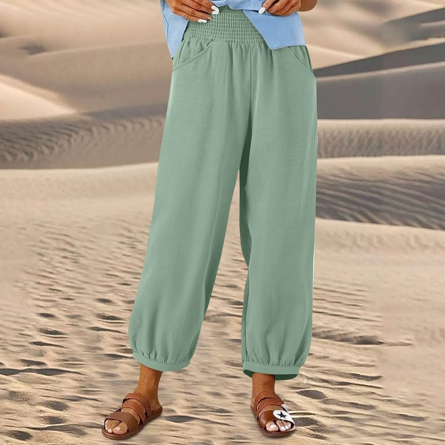 Linen Dress Pants Women Summer High Waisted Loose Fit Pants for Work Flowy Casual Harem Palazzo Trousers with Pockets