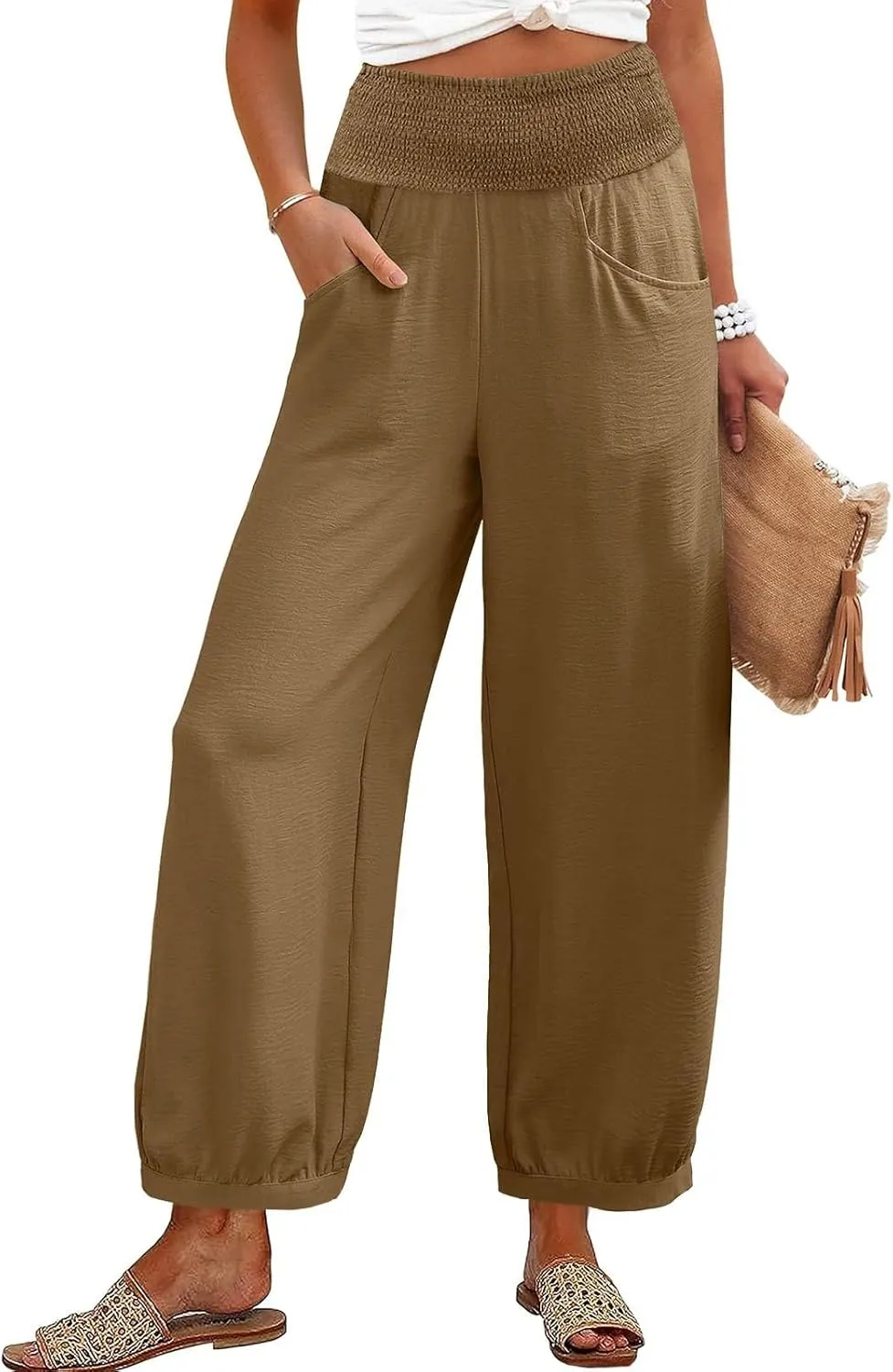 Linen Dress Pants Women Summer High Waisted Loose Fit Pants for Work Flowy Casual Harem Palazzo Trousers with Pockets