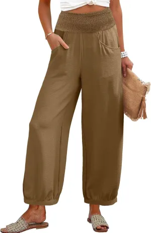 Linen Dress Pants Women Summer High Waisted Loose Fit Pants for Work Flowy Casual Harem Palazzo Trousers with Pockets