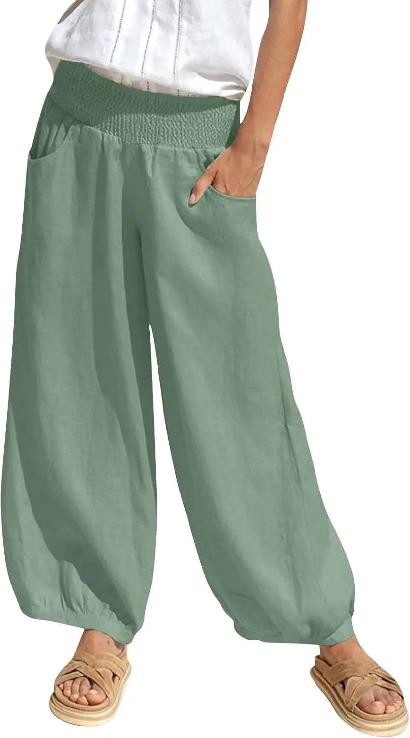 Linen Dress Pants Women Summer High Waisted Loose Fit Pants for Work Flowy Casual Harem Palazzo Trousers with Pockets