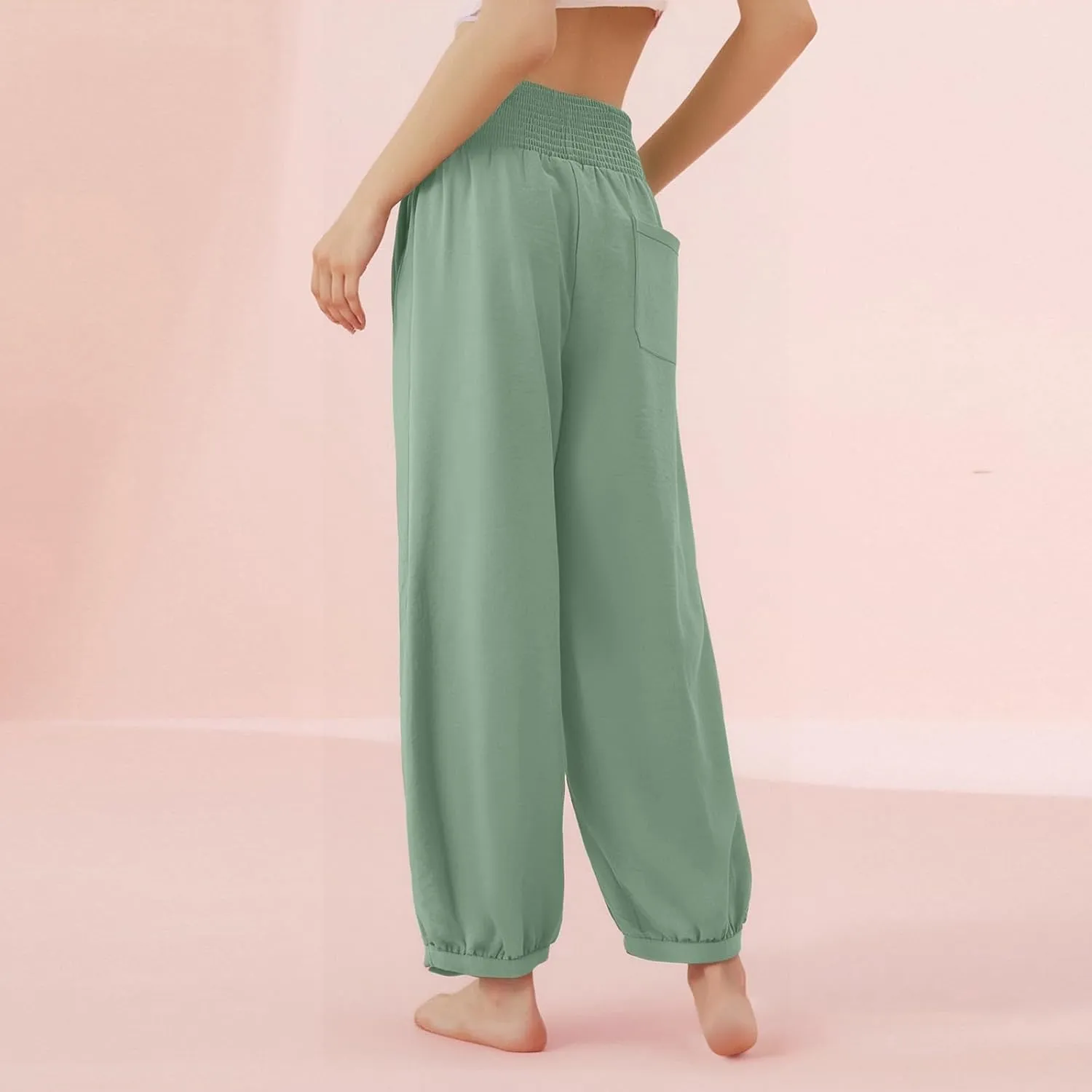 Linen Dress Pants Women Summer High Waisted Loose Fit Pants for Work Flowy Casual Harem Palazzo Trousers with Pockets