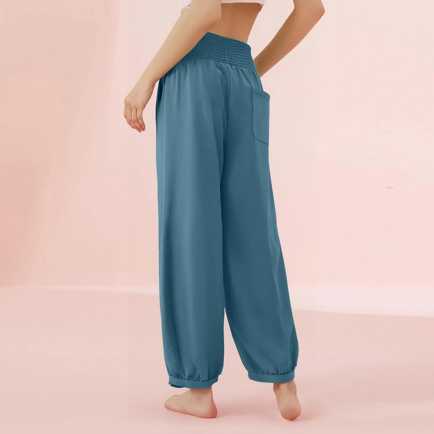 Linen Dress Pants Women Summer High Waisted Loose Fit Pants for Work Flowy Casual Harem Palazzo Trousers with Pockets