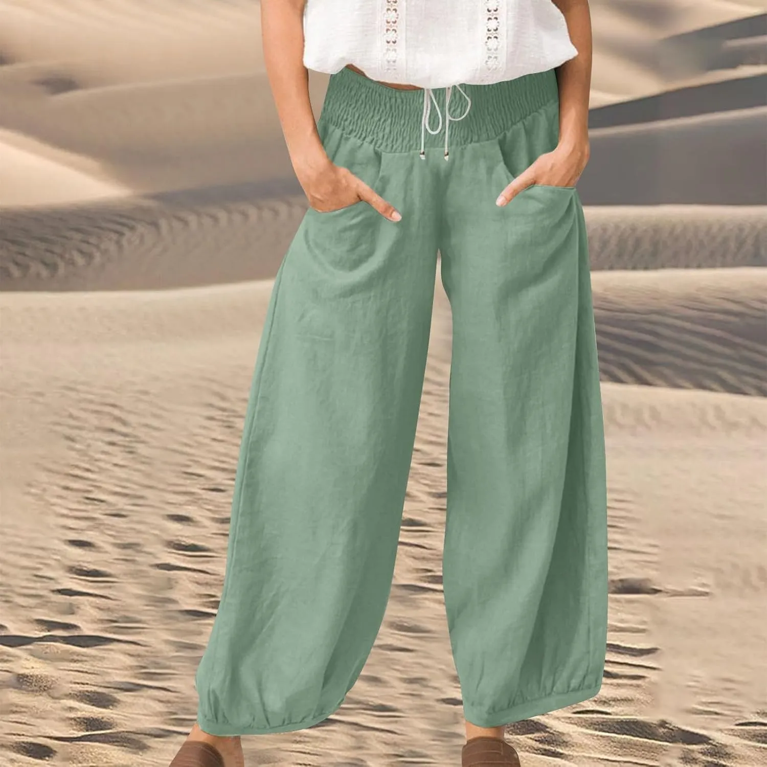 Linen Dress Pants Women Summer High Waisted Loose Fit Pants for Work Flowy Casual Harem Palazzo Trousers with Pockets