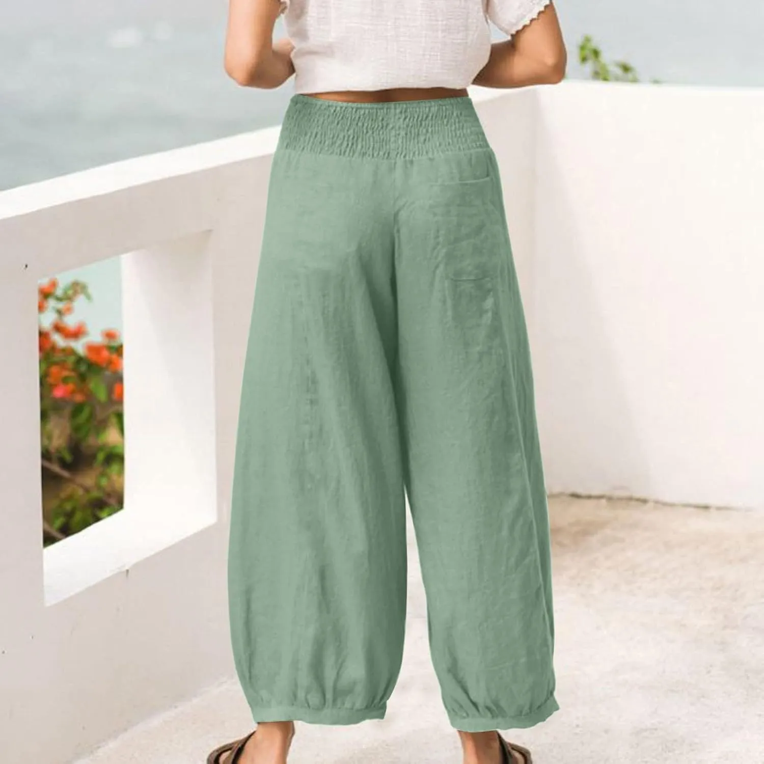 Linen Dress Pants Women Summer High Waisted Loose Fit Pants for Work Flowy Casual Harem Palazzo Trousers with Pockets