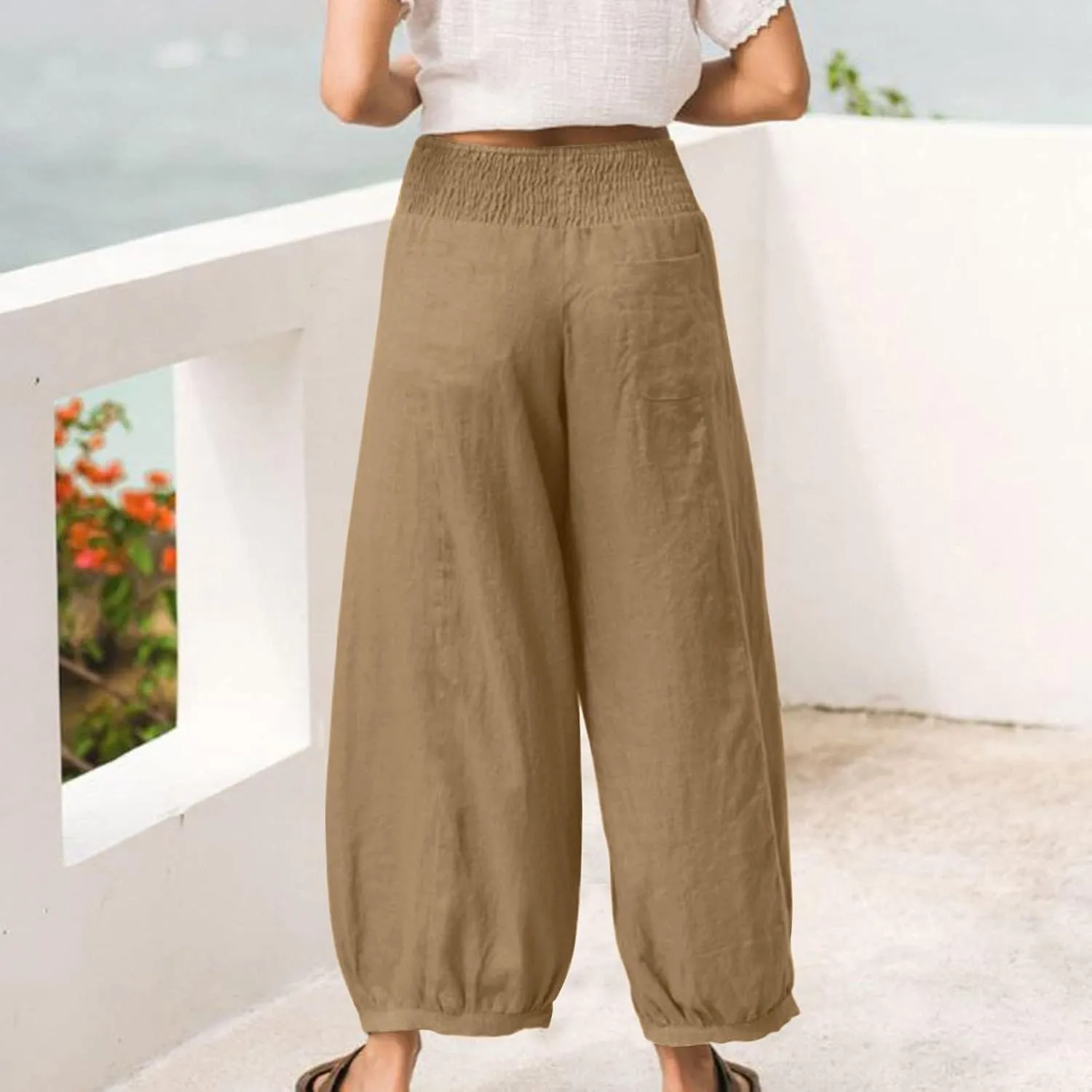 Linen Dress Pants Women Summer High Waisted Loose Fit Pants for Work Flowy Casual Harem Palazzo Trousers with Pockets