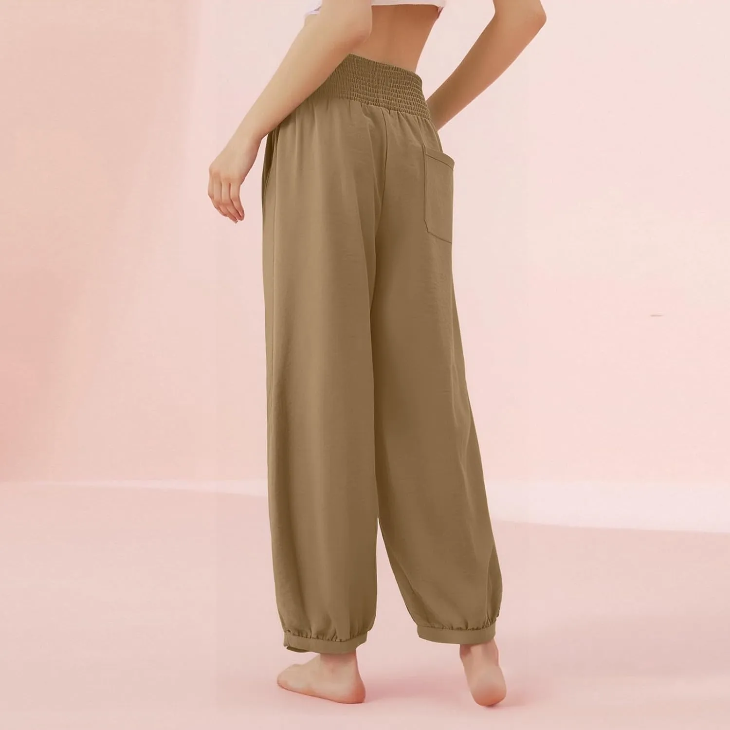 Linen Dress Pants Women Summer High Waisted Loose Fit Pants for Work Flowy Casual Harem Palazzo Trousers with Pockets