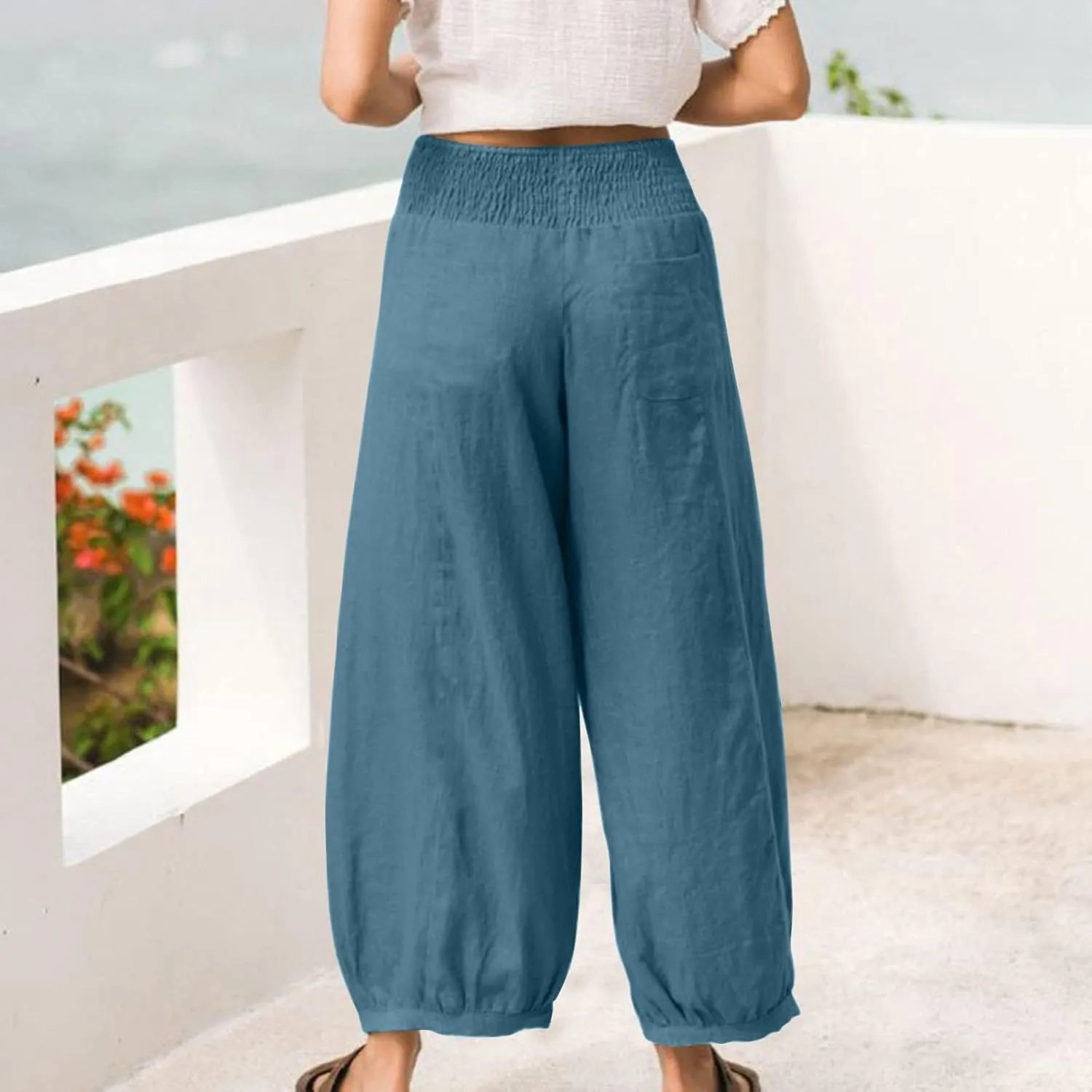 Linen Dress Pants Women Summer High Waisted Loose Fit Pants for Work Flowy Casual Harem Palazzo Trousers with Pockets