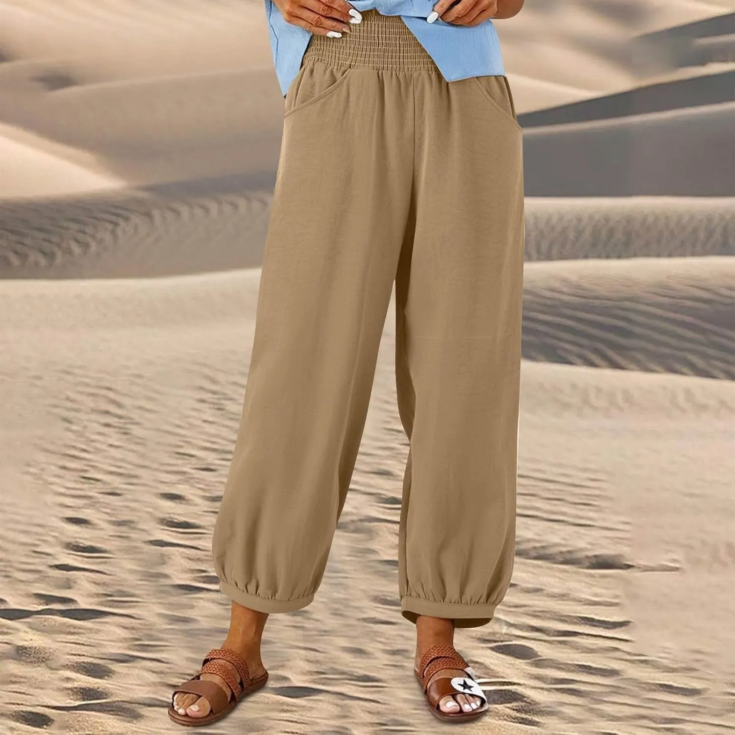 Linen Dress Pants Women Summer High Waisted Loose Fit Pants for Work Flowy Casual Harem Palazzo Trousers with Pockets