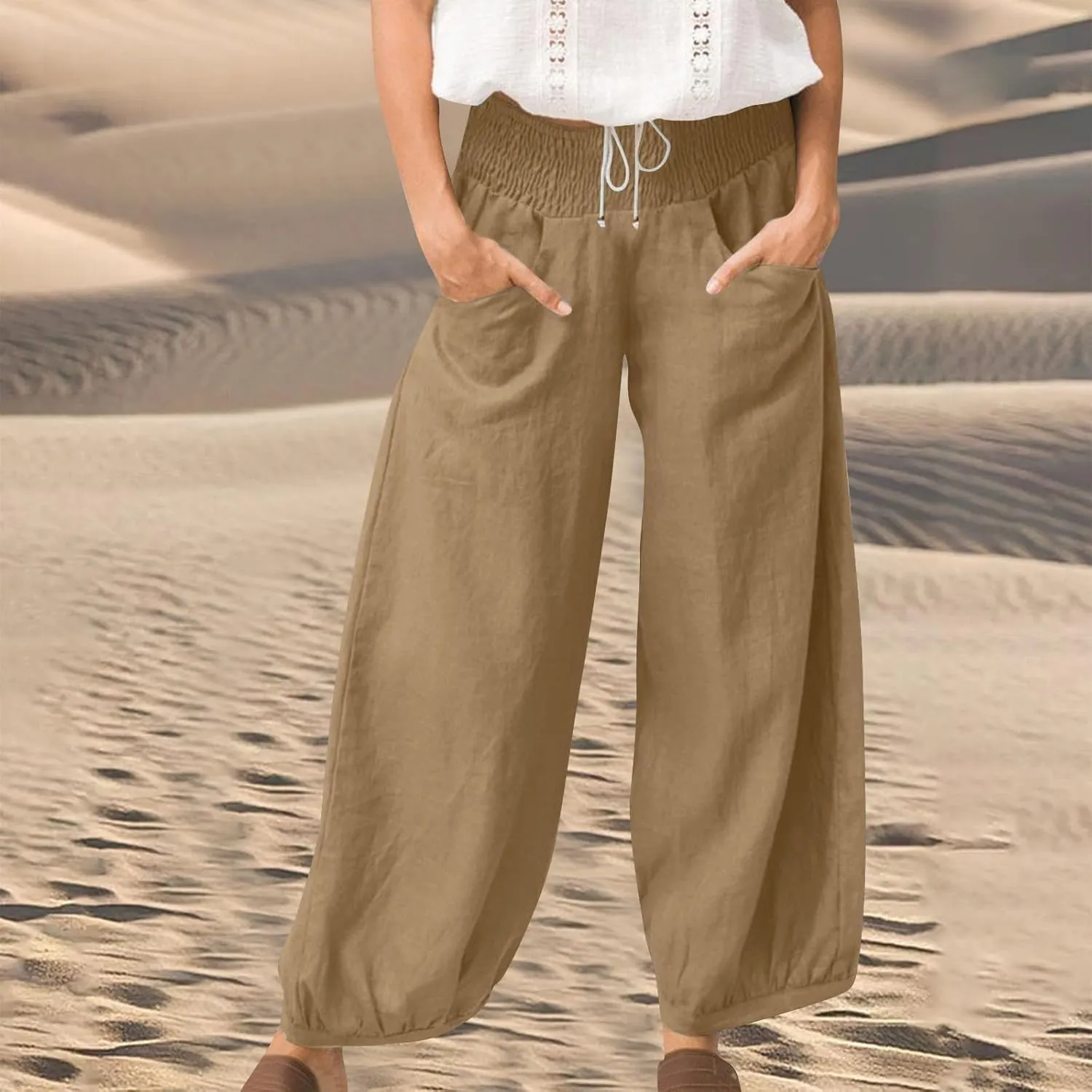 Linen Dress Pants Women Summer High Waisted Loose Fit Pants for Work Flowy Casual Harem Palazzo Trousers with Pockets