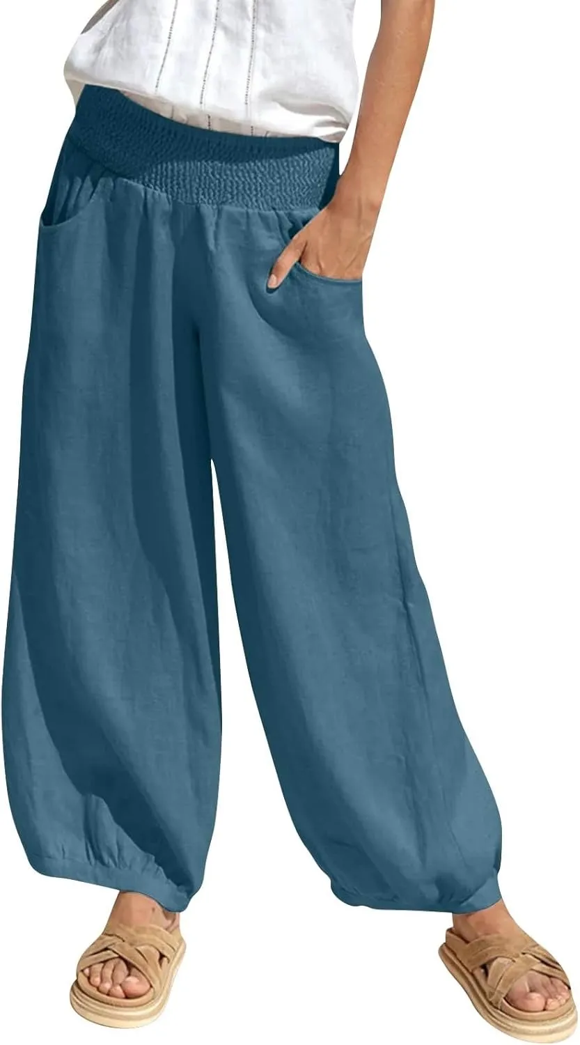 Linen Dress Pants Women Summer High Waisted Loose Fit Pants for Work Flowy Casual Harem Palazzo Trousers with Pockets