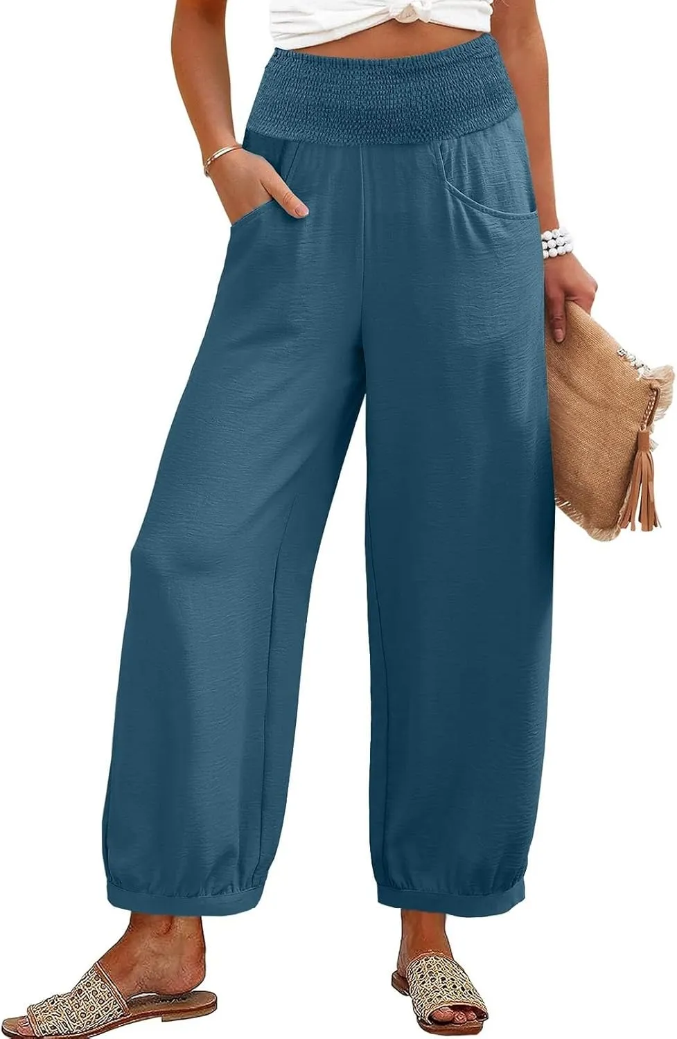 Linen Dress Pants Women Summer High Waisted Loose Fit Pants for Work Flowy Casual Harem Palazzo Trousers with Pockets