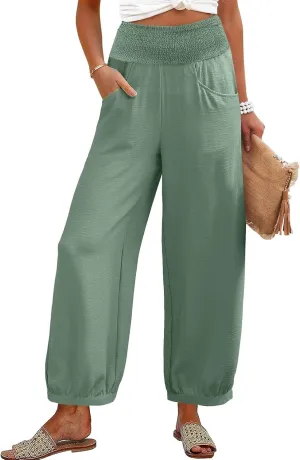 Linen Dress Pants Women Summer High Waisted Loose Fit Pants for Work Flowy Casual Harem Palazzo Trousers with Pockets