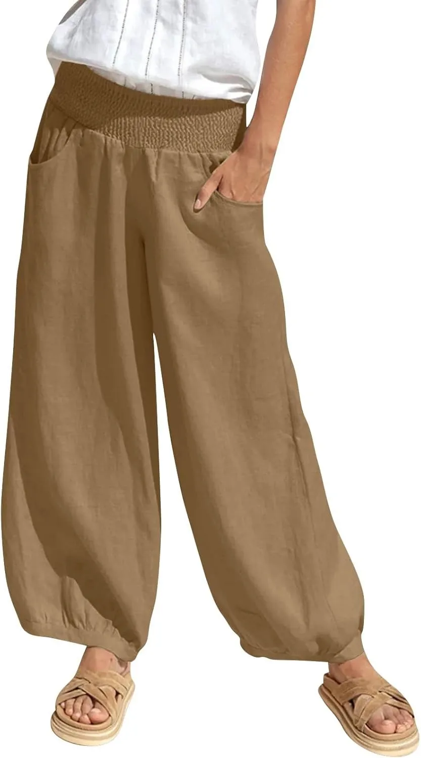 Linen Dress Pants Women Summer High Waisted Loose Fit Pants for Work Flowy Casual Harem Palazzo Trousers with Pockets