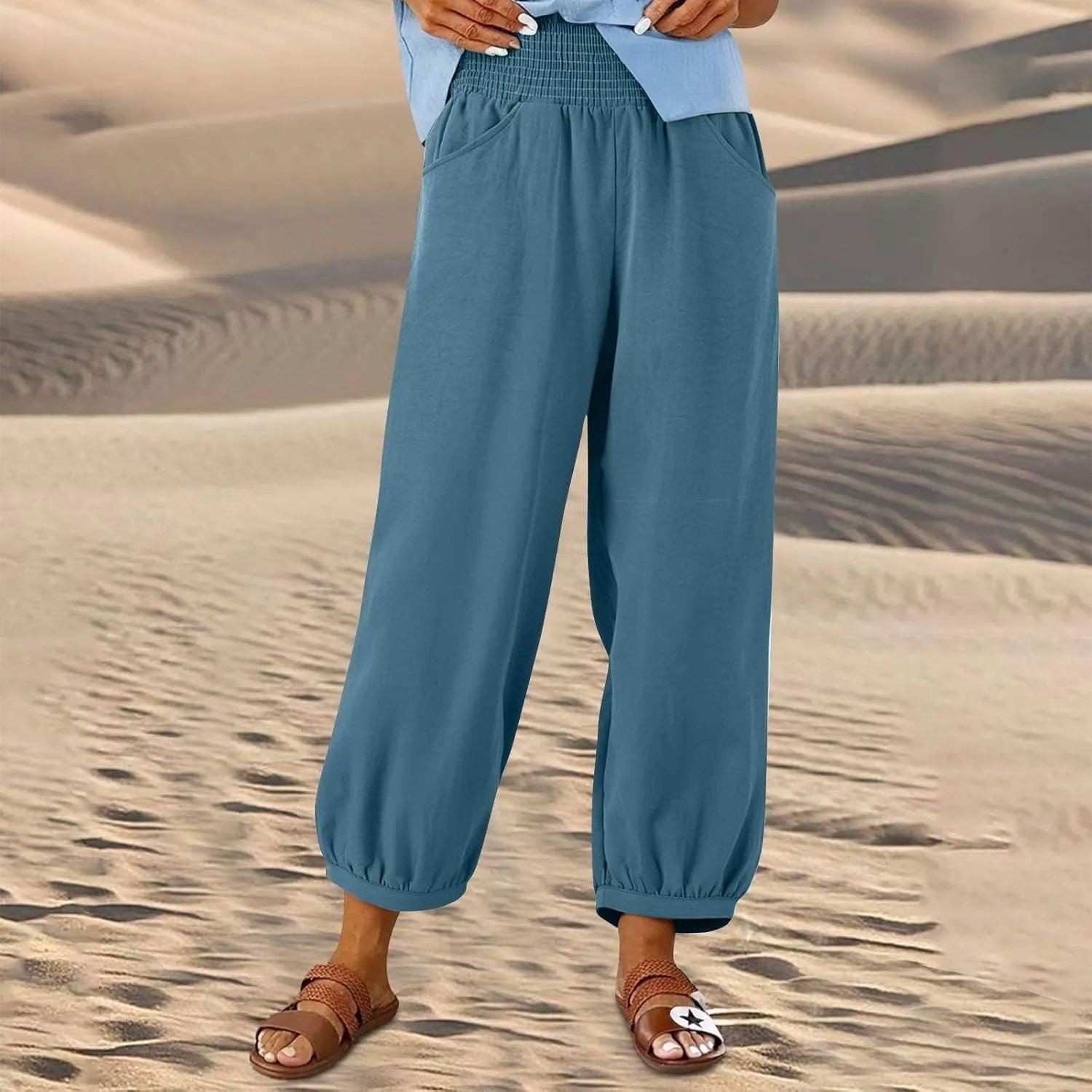 Linen Dress Pants Women Summer High Waisted Loose Fit Pants for Work Flowy Casual Harem Palazzo Trousers with Pockets
