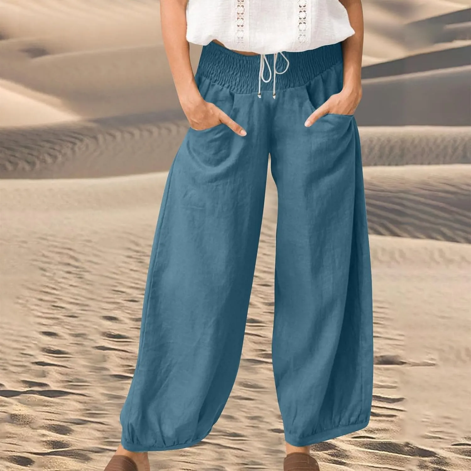 Linen Dress Pants Women Summer High Waisted Loose Fit Pants for Work Flowy Casual Harem Palazzo Trousers with Pockets