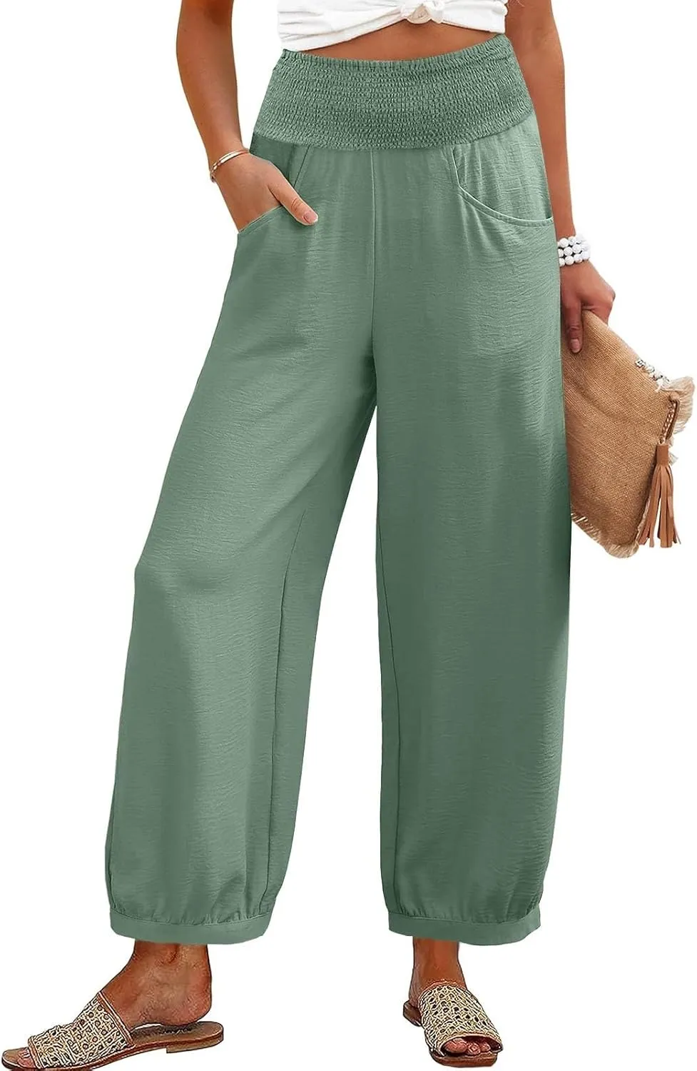 Linen Dress Pants Women Summer High Waisted Loose Fit Pants for Work Flowy Casual Harem Palazzo Trousers with Pockets