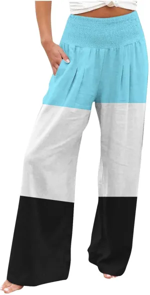 Linen Palazzo Pants for Women Summer Stylish Boho Gradient Smocked High Waist Wide Leg Pants Trousers with Pockets