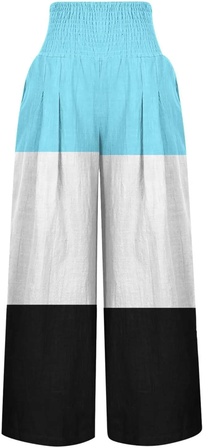 Linen Palazzo Pants for Women Summer Stylish Boho Gradient Smocked High Waist Wide Leg Pants Trousers with Pockets