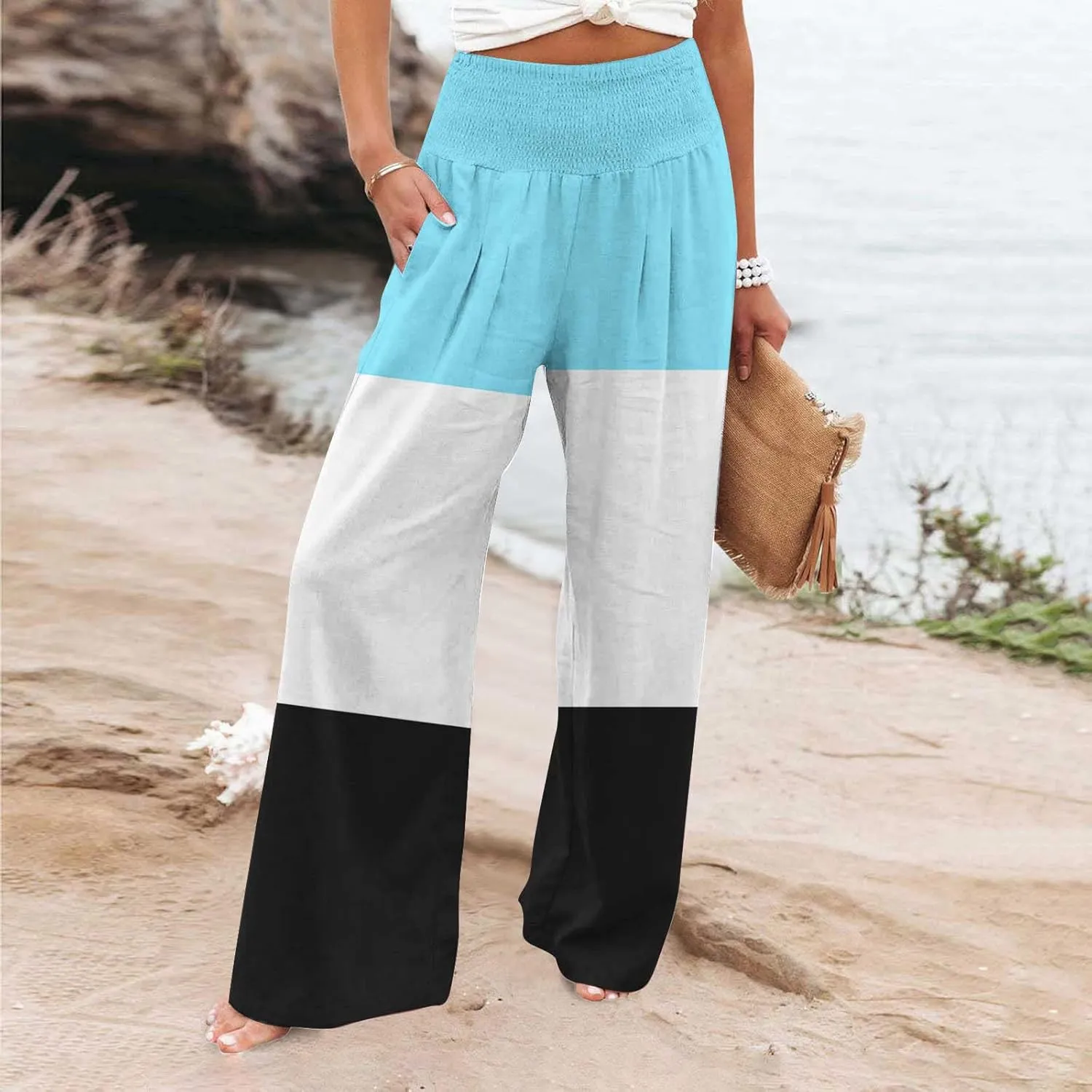 Linen Palazzo Pants for Women Summer Stylish Boho Gradient Smocked High Waist Wide Leg Pants Trousers with Pockets