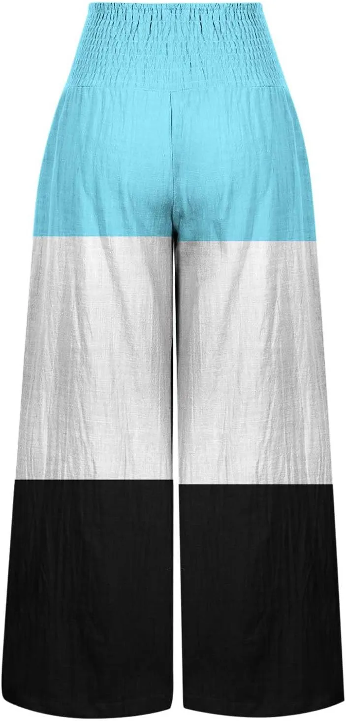 Linen Palazzo Pants for Women Summer Stylish Boho Gradient Smocked High Waist Wide Leg Pants Trousers with Pockets