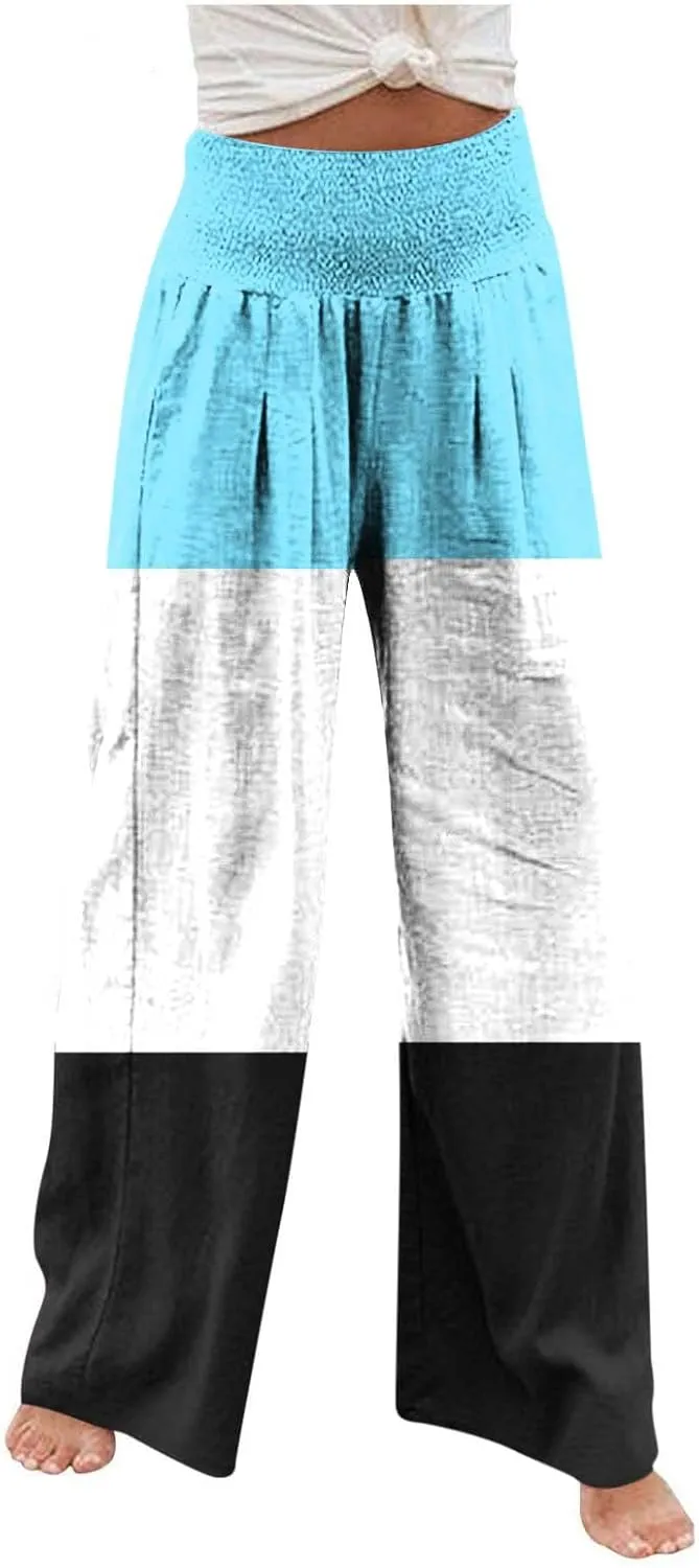 Linen Palazzo Pants for Women Summer Stylish Boho Gradient Smocked High Waist Wide Leg Pants Trousers with Pockets