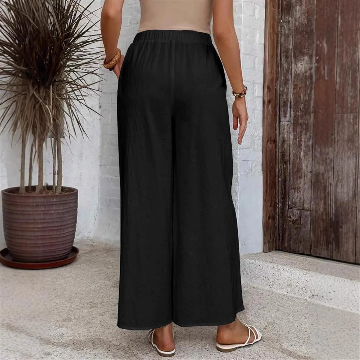Linen Pants for Women 2025 Casual High Waist Wide Leg Palazzo Pants Summer Button Down Trousers with Pockets