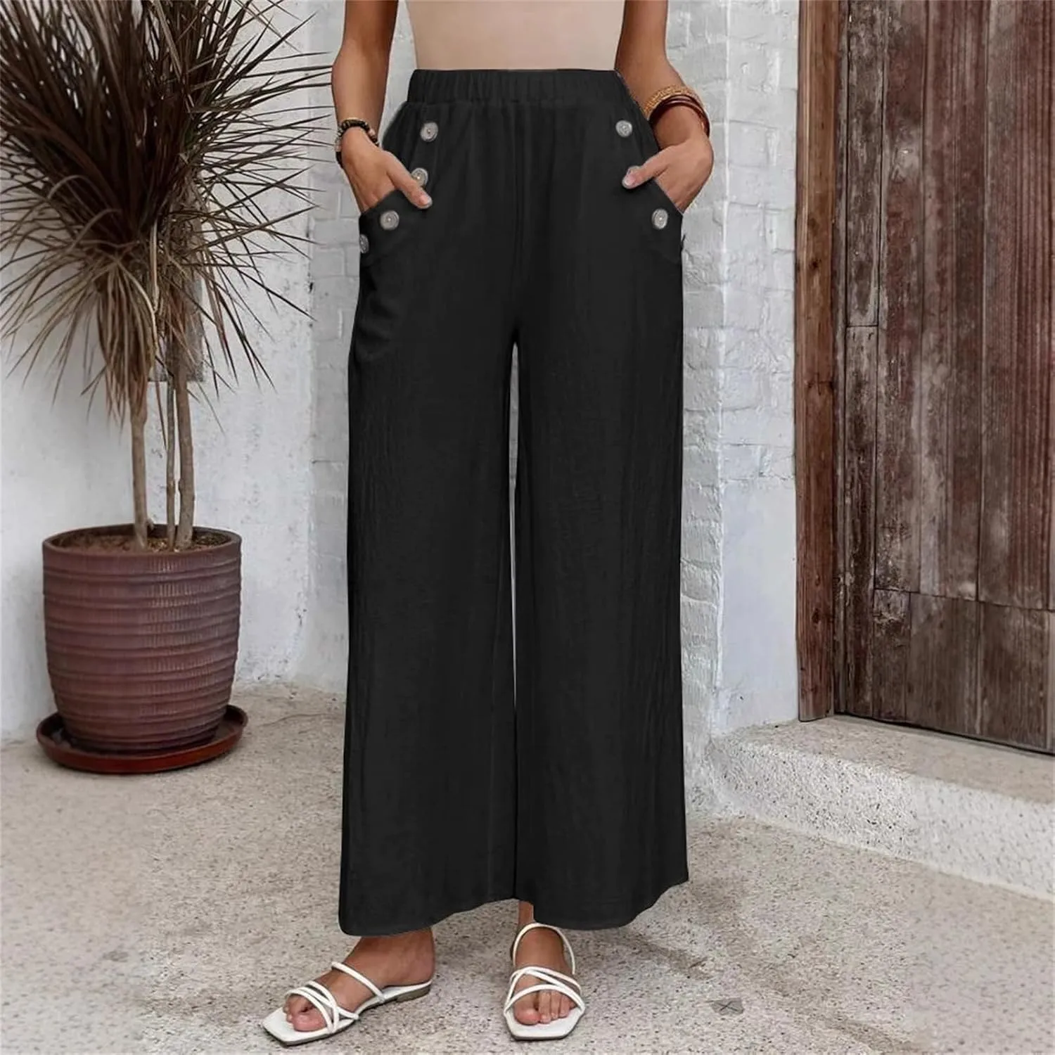 Linen Pants for Women 2025 Casual High Waist Wide Leg Palazzo Pants Summer Button Down Trousers with Pockets