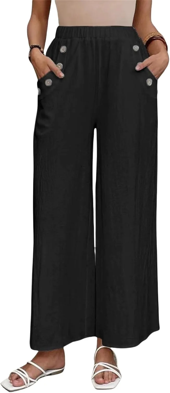 Linen Pants for Women 2025 Casual High Waist Wide Leg Palazzo Pants Summer Button Down Trousers with Pockets