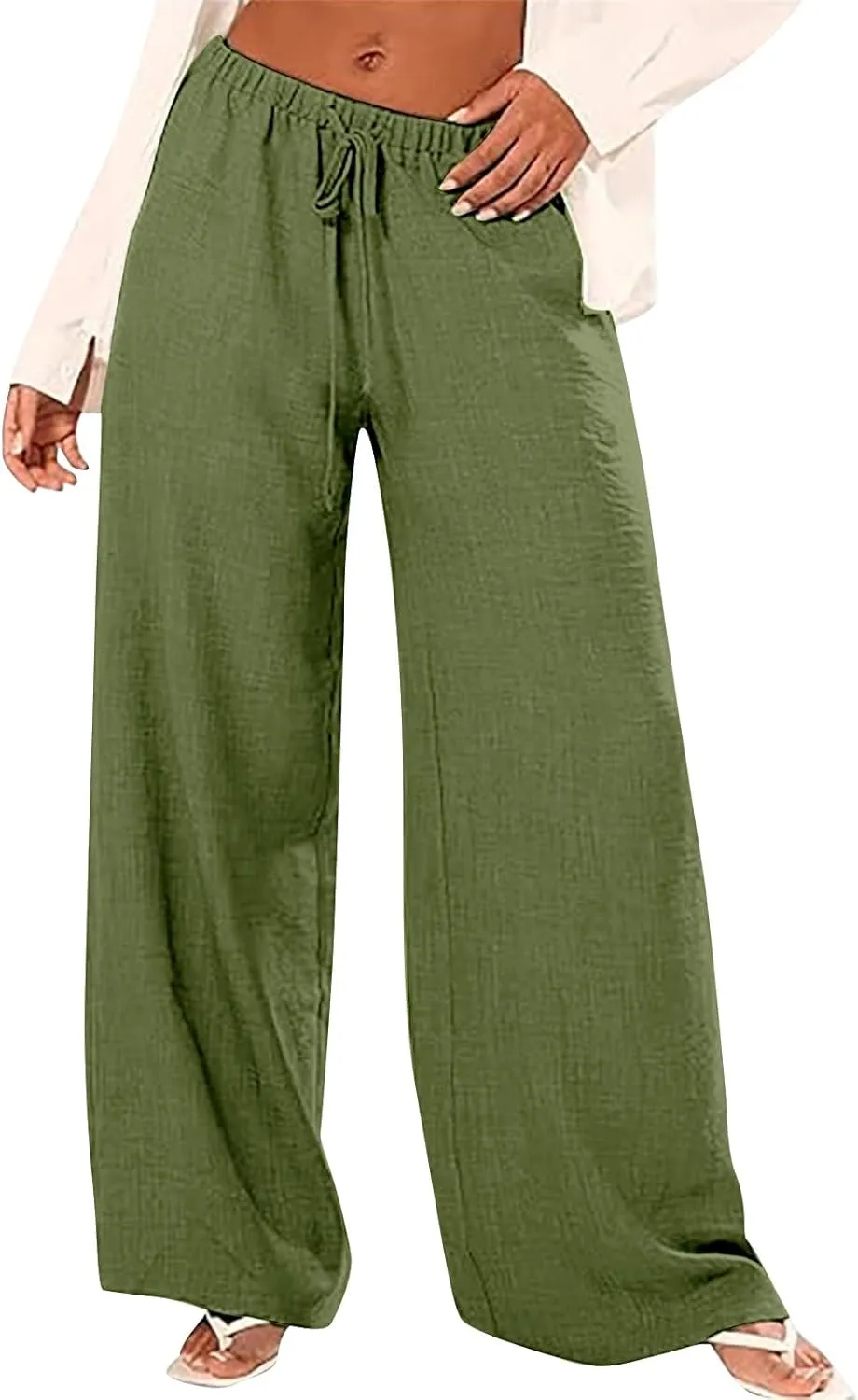 Linen Pants for Women High Waisted Wide Leg Pants Drawstring Elastic Waist Casual Trousers Summer Vacation Clothes