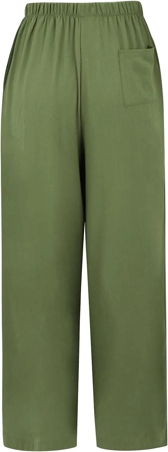 Linen Pants for Women High Waisted Wide Leg Pants Drawstring Elastic Waist Casual Trousers Summer Vacation Clothes