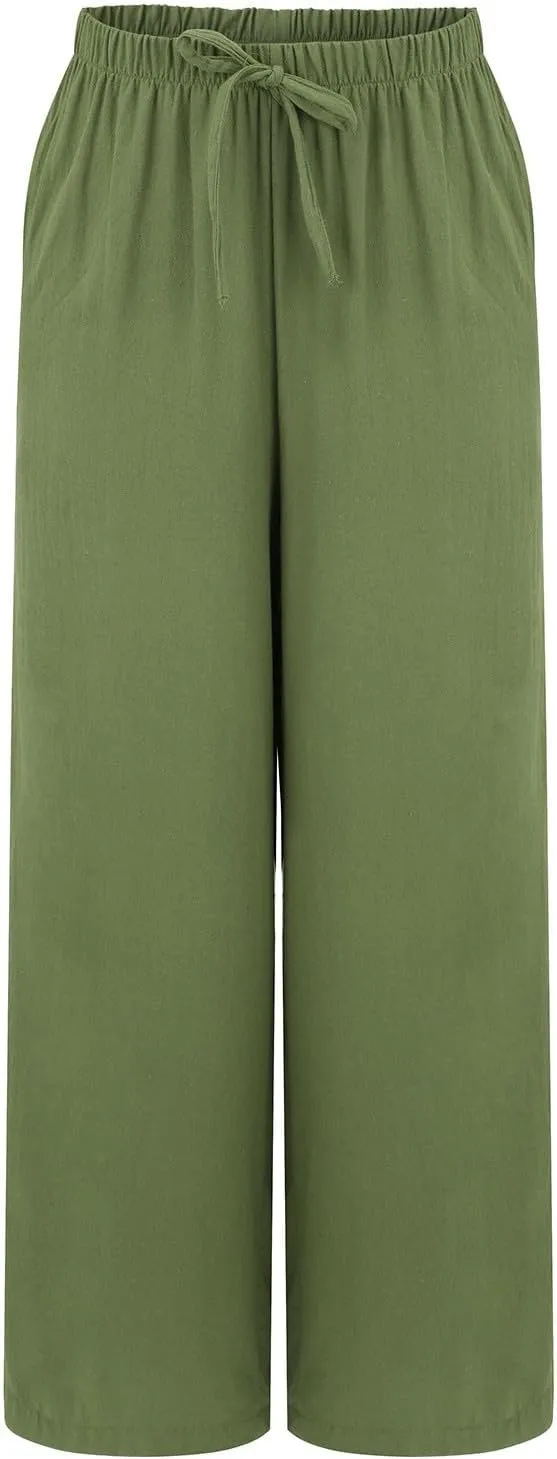 Linen Pants for Women High Waisted Wide Leg Pants Drawstring Elastic Waist Casual Trousers Summer Vacation Clothes