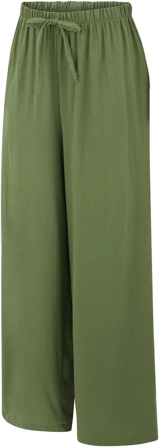 Linen Pants for Women High Waisted Wide Leg Pants Drawstring Elastic Waist Casual Trousers Summer Vacation Clothes