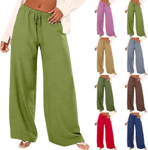 Linen Pants for Women High Waisted Wide Leg Pants Drawstring Elastic Waist Casual Trousers Summer Vacation Clothes