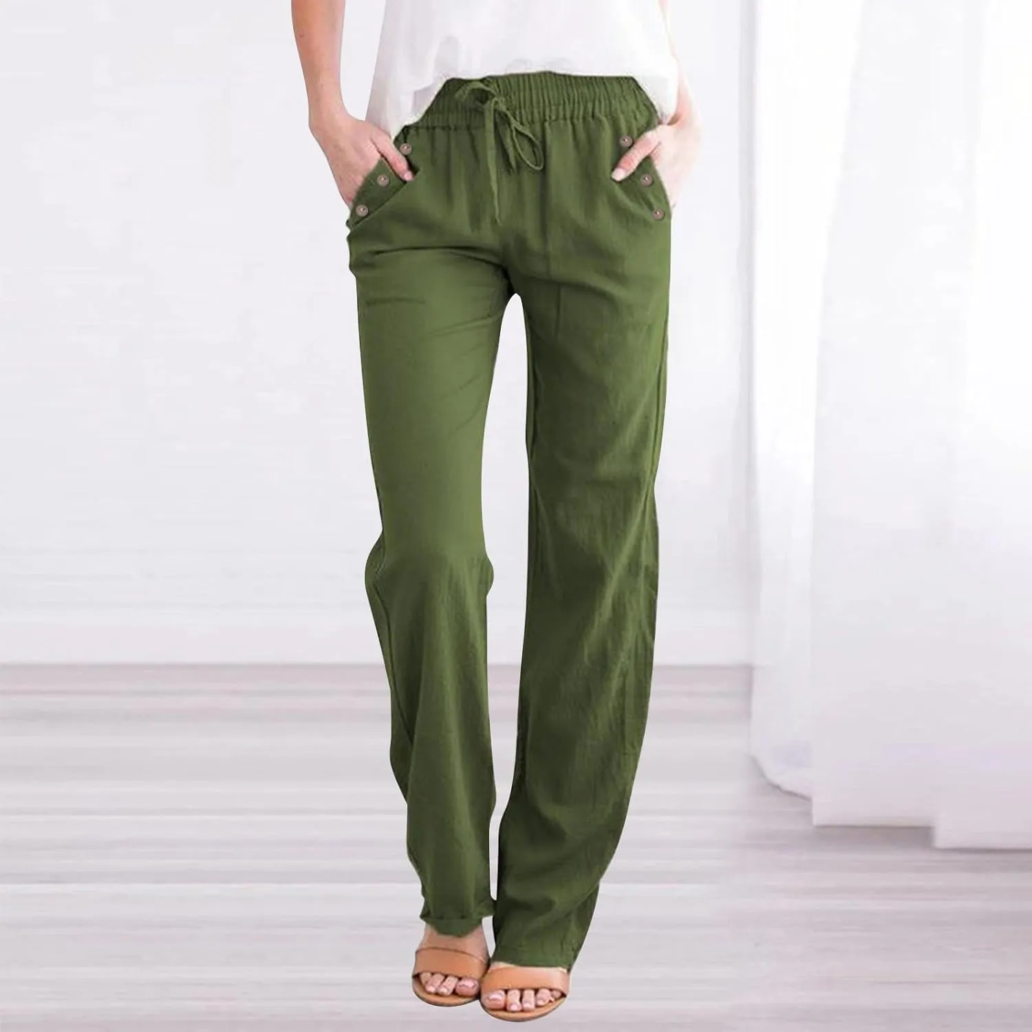 Linen Pants for Women Summer Casual High Waisted Straight Leg Beach Pants Loose Fit Comfy Vacation Trousers w/Pockets