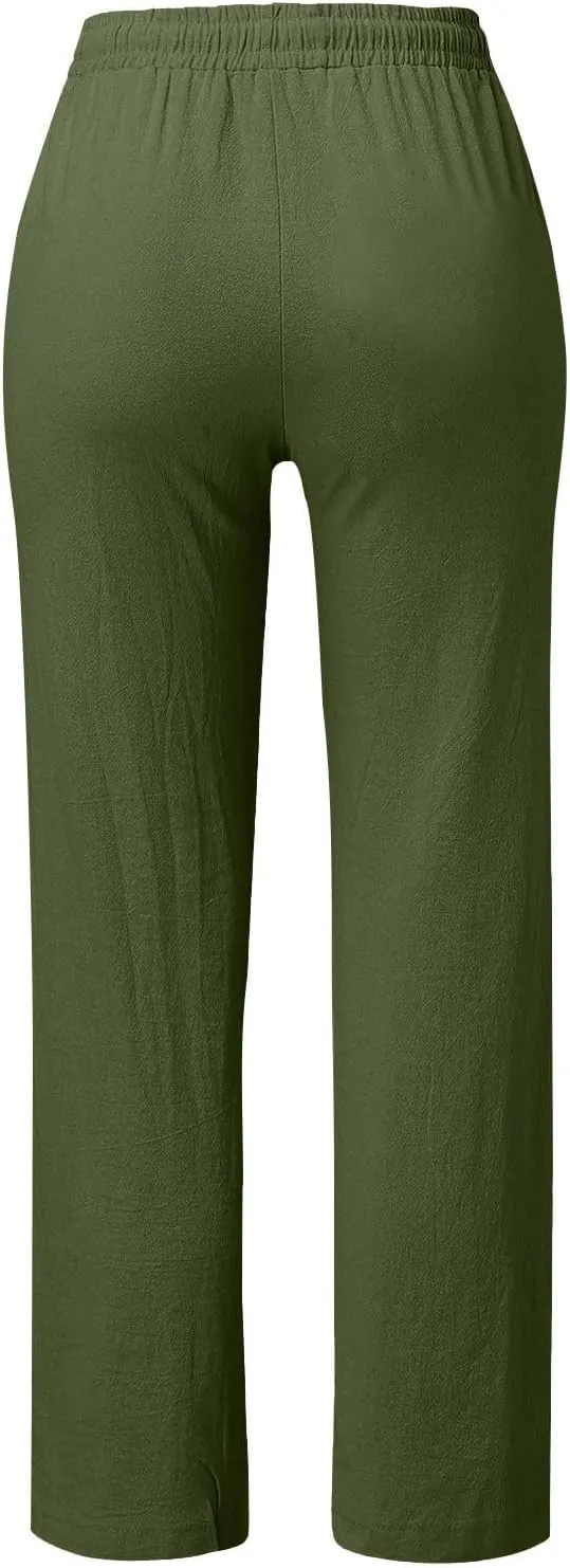 Linen Pants for Women Summer Casual High Waisted Straight Leg Beach Pants Loose Fit Comfy Vacation Trousers w/Pockets