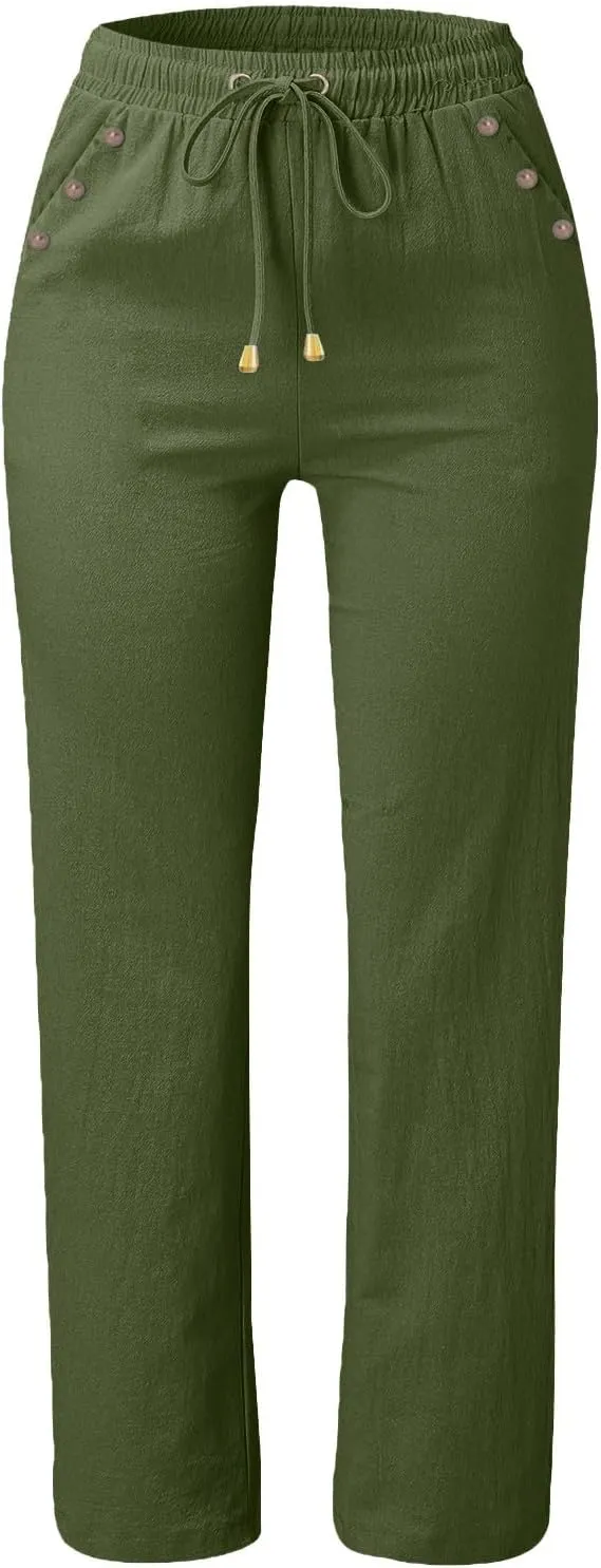Linen Pants for Women Summer Casual High Waisted Straight Leg Beach Pants Loose Fit Comfy Vacation Trousers w/Pockets