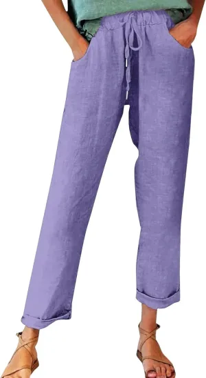 Linen Pants for Women Vintage Tropical Floral Print Elastic High Waist Drawstring Pant Summer Beach Casual Trouser