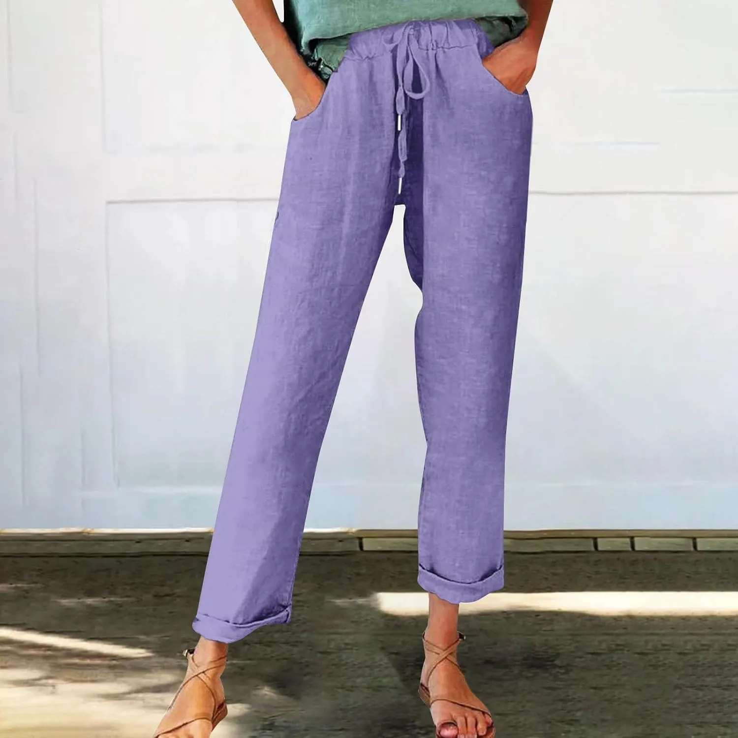 Linen Pants for Women Vintage Tropical Floral Print Elastic High Waist Drawstring Pant Summer Beach Casual Trouser