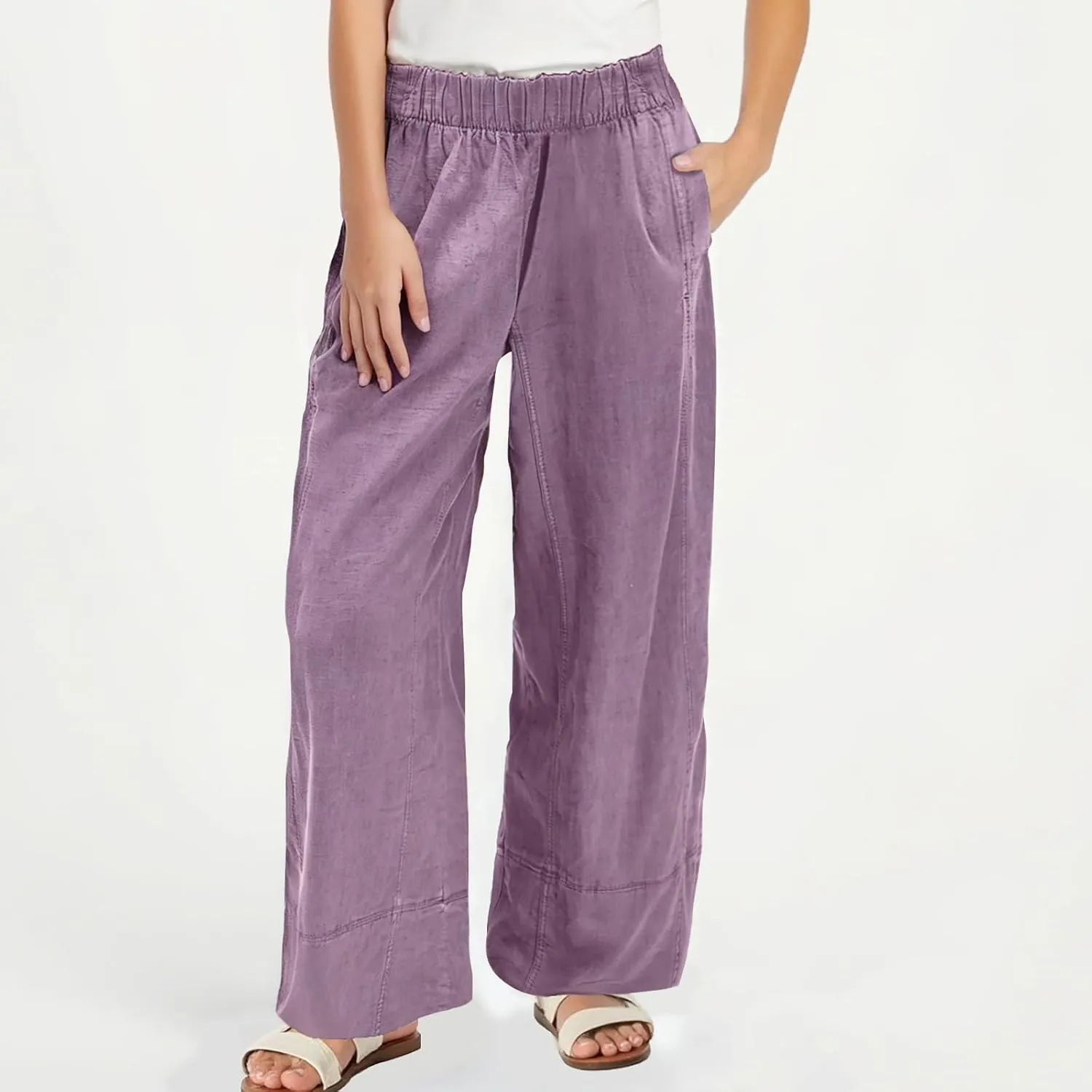 Linen Pants for Women,Wwomens Casual Summer 2025 Drawstring Elastic High Waist Pant Comfy Solid Wide Leg Trouser