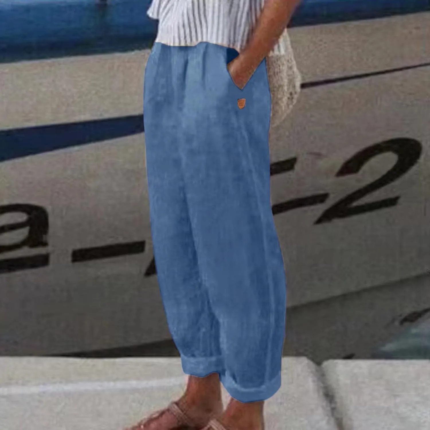 Linen Pants Women 2025 Elastic Waist Straight Leg Lounge Pants Solid Color Lightweight Trendy Trousers with Pocket
