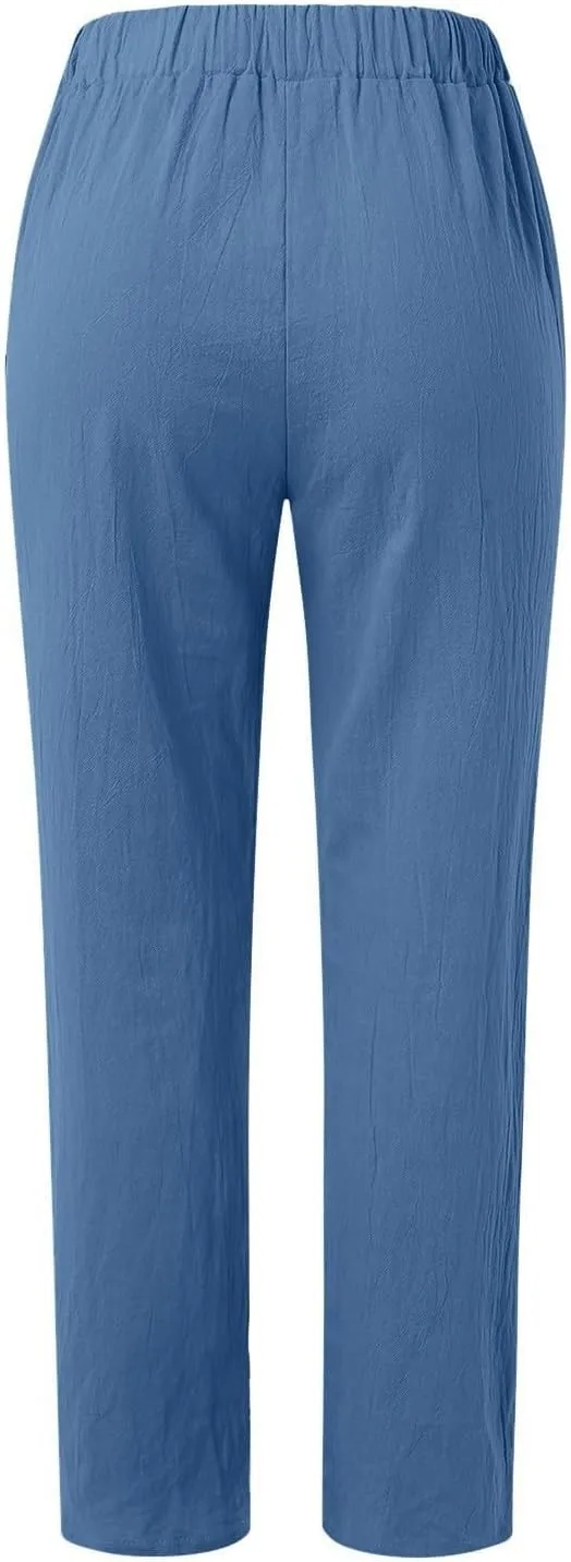 Linen Pants Women 2025 Elastic Waist Straight Leg Lounge Pants Solid Color Lightweight Trendy Trousers with Pocket