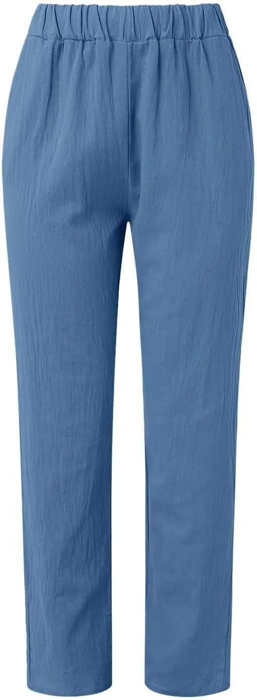 Linen Pants Women 2025 Elastic Waist Straight Leg Lounge Pants Solid Color Lightweight Trendy Trousers with Pocket