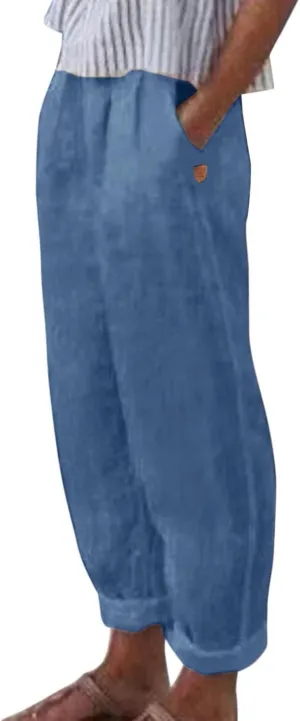 Linen Pants Women 2025 Elastic Waist Straight Leg Lounge Pants Solid Color Lightweight Trendy Trousers with Pocket