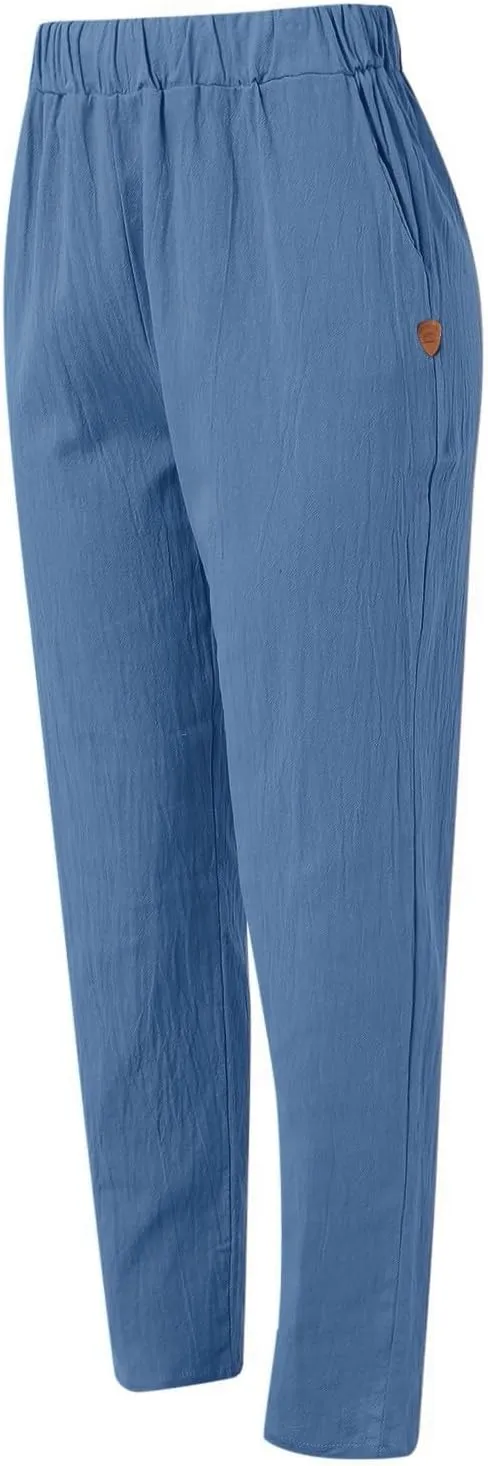 Linen Pants Women 2025 Elastic Waist Straight Leg Lounge Pants Solid Color Lightweight Trendy Trousers with Pocket