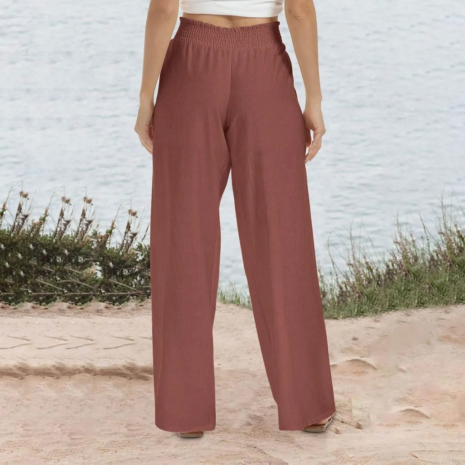 Linen Pants Women 2025 Summer - Casual Beach Palazzo Trousers for Women Elastic Drawstring with Pockets Pants