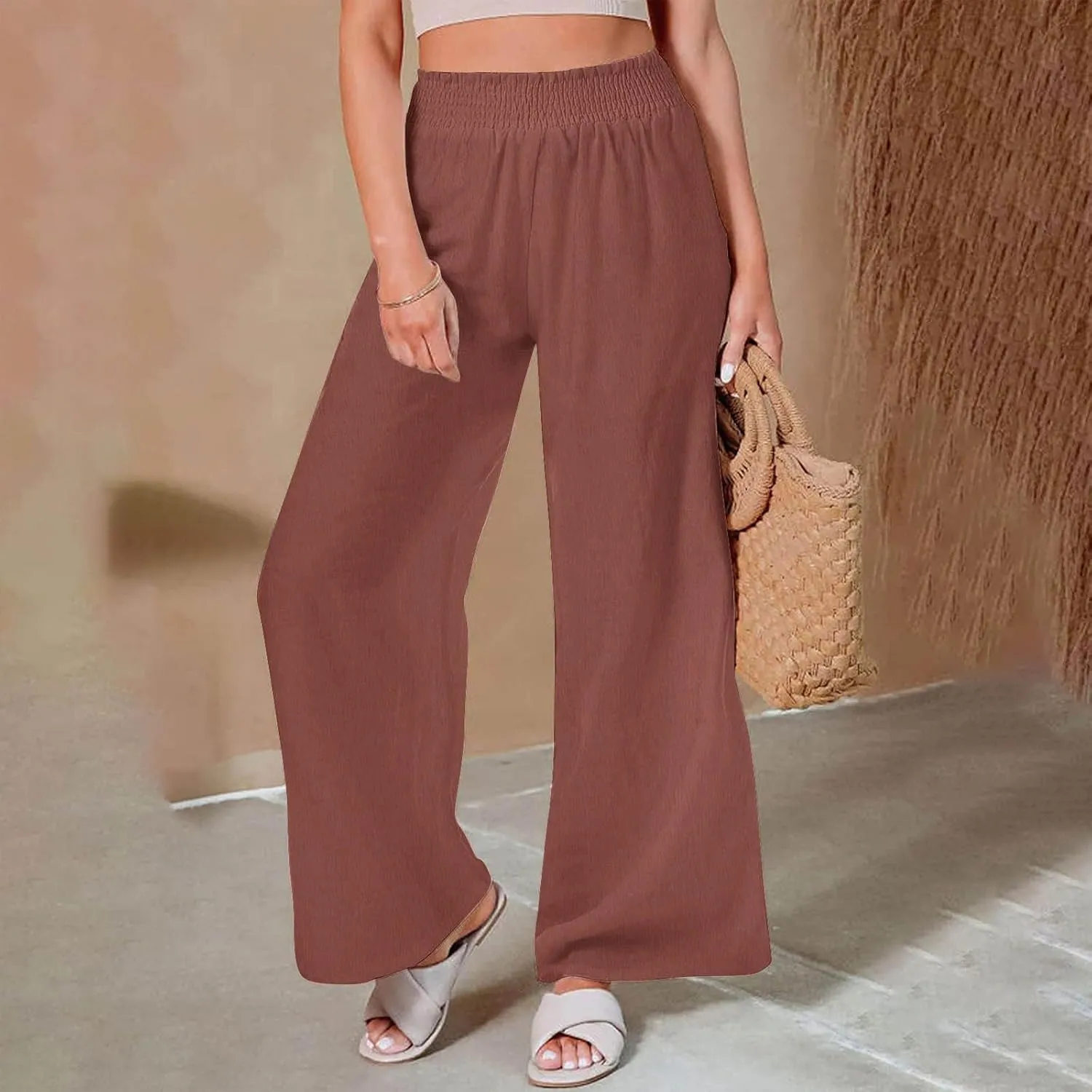 Linen Pants Women 2025 Summer - Casual Beach Palazzo Trousers for Women Elastic Drawstring with Pockets Pants