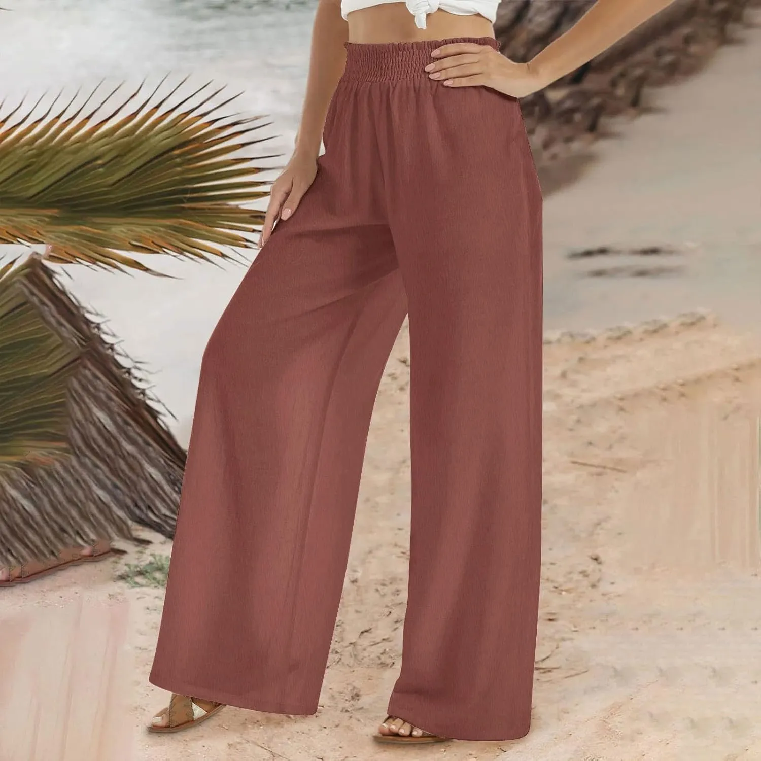 Linen Pants Women 2025 Summer - Casual Beach Palazzo Trousers for Women Elastic Drawstring with Pockets Pants