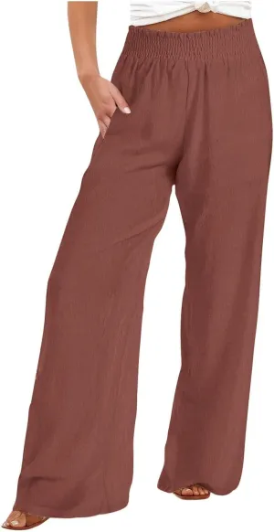Linen Pants Women 2025 Summer - Casual Beach Palazzo Trousers for Women Elastic Drawstring with Pockets Pants